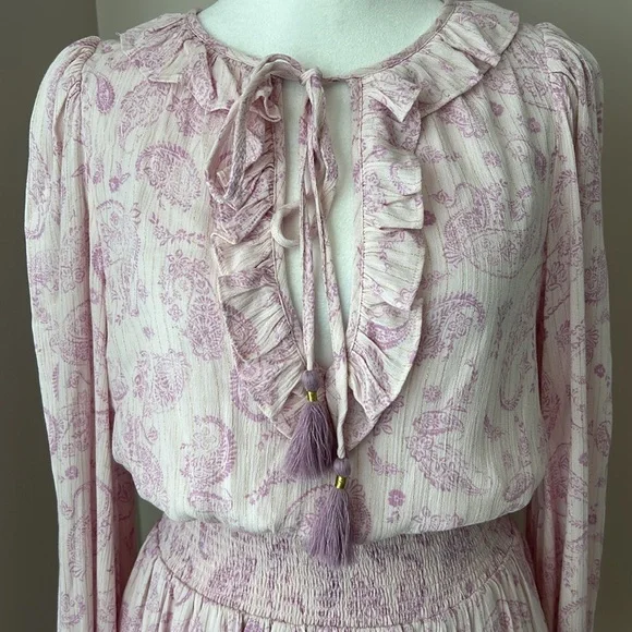 New House of Harlow 1960 Pink Purple Boho Mini Dress Paisley Long Sleeve size XS - Picture 2 of 12